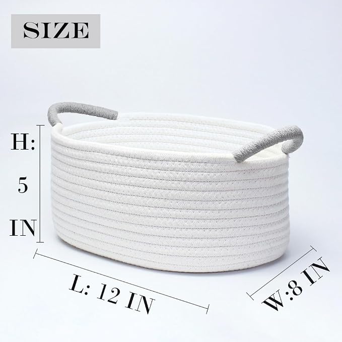 Yimi's Dream White Cotton Rope Gift Basket with Gray Handle, 12 x 8 x 5 in | Oval Woven Small Basket for Gifting, Baby Shower, Nursery, Cat or Dog Toys, Shelves, Birthdays, and Shelves Home Décor