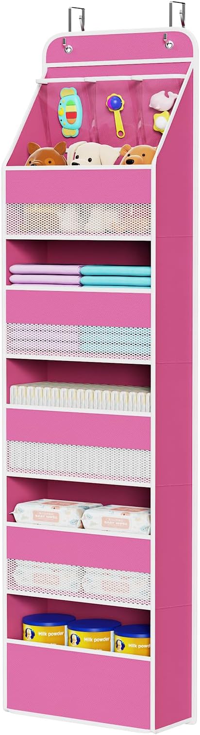 Univivi Fabric Over Door Hanging Organizer for Baby Nursery, Pink, 6-Shelf | Door Storage with Large Capacity Breathable Mesh Pockets, Over Door Storage Organizer for Baby Essential, Bedroom, and Dorm
