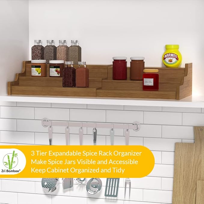 Bamboo Spice Rack Cabinet Organizer - 3 Tier Wooden Expandable Walnut Display Shelf