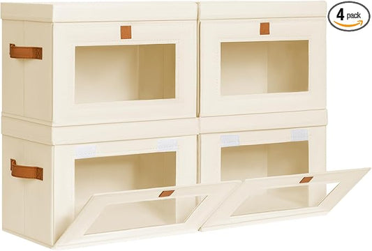 Homsorout Medium Fabric Storage bins - Collapsible Storage Bins with Open Window, 4 Pack Closet Baskets for Shelves, Stackable Decorative Boxes for Home, Dorm, Beige, 13.7"x 9.8" x 9.8"