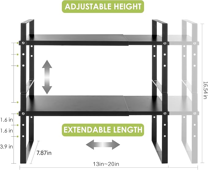 Across-Star Expandable Cabinet Shelf Organizer Rack, Stackable Kitchen Counter Storage Shelves Stand, Adjustable Height Pantry Shelf Spice Rack (Black, 2 Pack)