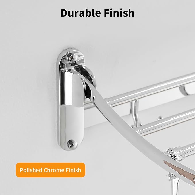 24 Inch Polished Chrome Towel Racks, Bathroom Towel Shelf with Foldable Towel Bar Holder and Towel Hooks, Wall Mounted Multifunctional Bathroom Accessories, Double Towel Bars