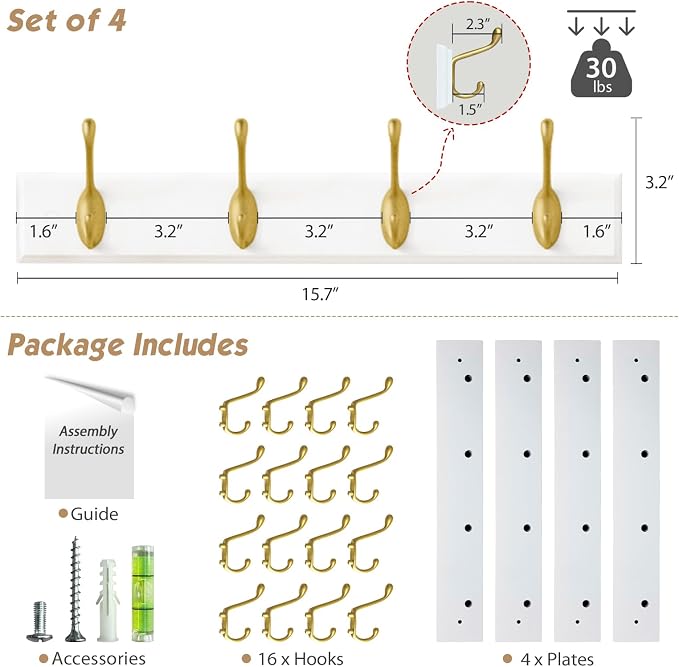 Forbena Gold Coat Rack Wall Mount, Decorative Coat Hooks for Wall, Heavy Duty Coat Hanger Key Holder for Hanging Hats, Coats, Purses, Bags Bathroom, Teen Grils Room (White and Gold, 4 x 4 Hook)