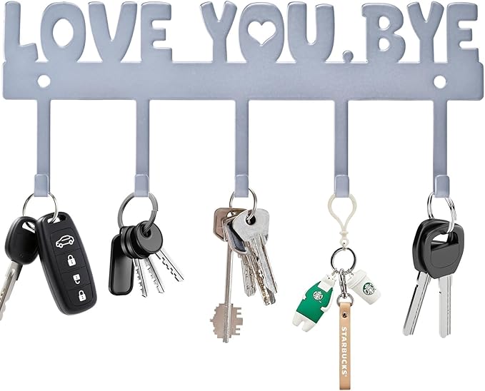 5-Hook Adhesive Wall Mount Key Holder, Silver | No-Drill Easy Install, For Door, Kitchen, Entryway, 10x4 Inches