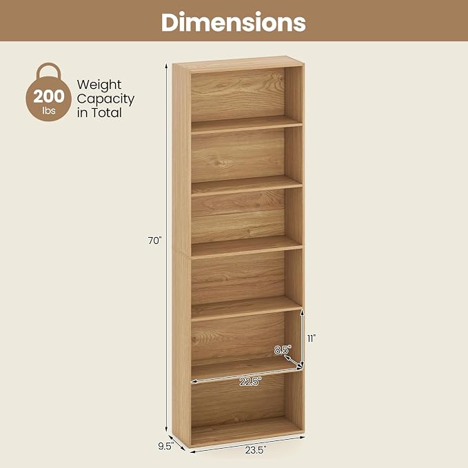 Giantex 6-Tier Bookcase, 70" Tall Wooden Bookshelf, Freestanding Storage Organizer w/Open Shelves, Anti-Tipping Kits, Modern Floor Standing Display Shelves for Living Room, Bedroom,Natural