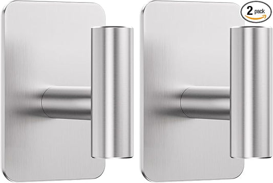 Heavy Duty Adhesive Hooks - 26lb Max, Sticky Wall Hooks Waterproof Stainless Steel for Hanging Towel, Coat, Robe, Towel Hooks Stick on Bathroom, Kitchen, Shower, Door (Silver, 2 Pack)