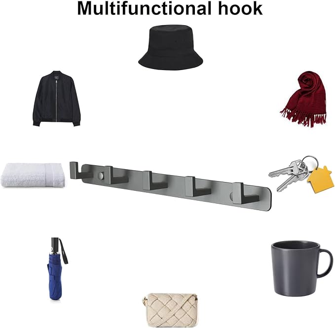 Coat Rack, Heavy Duty Stainless Steel 5 Tri Coat Hook Hanger, Wall Mounted Storage Wall Hooks, Rustic Clothes Hook/Key Hook Rail for Bathroom Kitchen Entryway(5 Hook Grey)