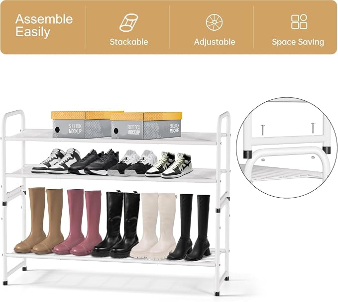 KEETDY 2-Tier Long Shoe Rack for Closet Metal Shoe Organizer for Entryway, Wide Stackable Shoe Storage Shelf with Sturdy Wire Grid for Closet Floor, Bedroom, White
