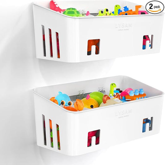 Bath Toy Storage 2 Packs, Large Bath Toy Holder - 3 Compartments, Quick-Dry | BPA-Free Bathtub Toy Organizer, Wall-Mounted Adhesive Shower Caddy, Bathroom Toy Basket & Bin for Baby, Toddler, Kids, White