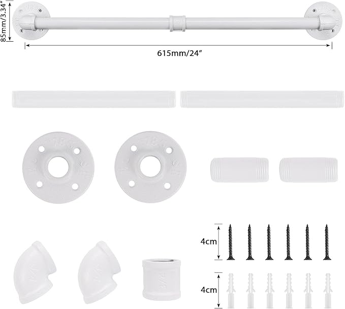 Industrial Pipe Towel Rack Towel Bar, Heavy Duty Wall Mounted Rustic Farmhouse Bath Towel Holder for Bathroom (White, 24 inch)