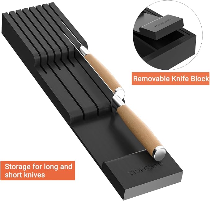 Expandable Bamboo Silverware Drawer Organizer Kitchen Tray, Black | Removable Knife Block, Holds 7 Knives, Adjustable Dividers, 12.6-21.45 x 16.3 x 2.13 in, Drawer Insert for Utensils, Forks