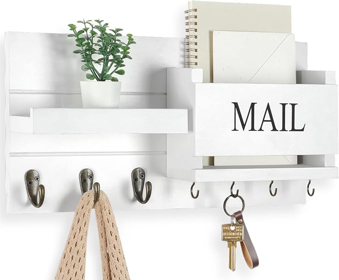 Lwenki Mail Organizer for Wall Mount – Key Holder with Shelf Includes Letter Holder and Hooks for Hallway Farmhouse Decor – Rustic Wood with Flush Mounting Hardware (16.5” x 9.1” x 3.4”) (White)