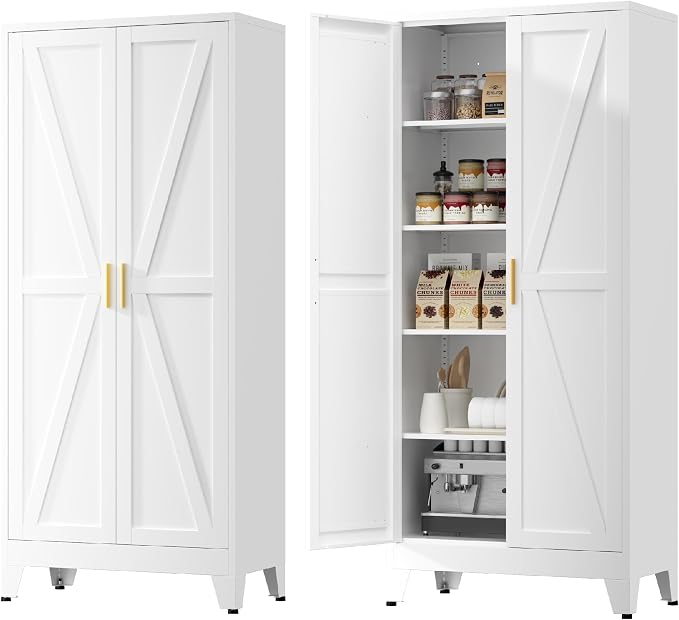 Kitchen Pantry Cabinet,71" H x 31.5" W,Metal Farmhouse Storage Cabinet with Adjustable Shelves and Barn Doors,5-Tier Storage Cabinet for Kitchen Dining Room Garage,White 1 Pack