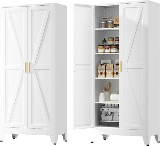 Kitchen Pantry Cabinet,71" H x 31.5" W,Metal Farmhouse Storage Cabinet with Adjustable Shelves and Barn Doors,5-Tier Storage Cabinet for Kitchen Dining Room Garage,White 1 Pack