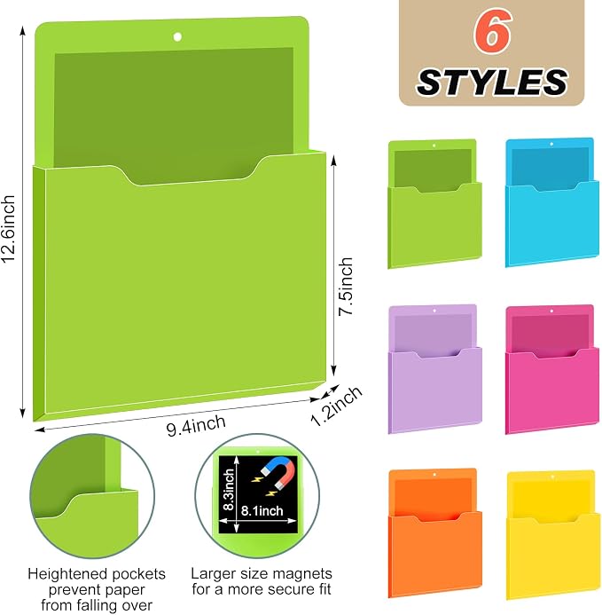 6 Pcs Magnetic Wall File Organizer Magnetic Wall File Holder Refrigerator Magazine Holder for Mail Letters Paper(Bright Color,Vertical-large)