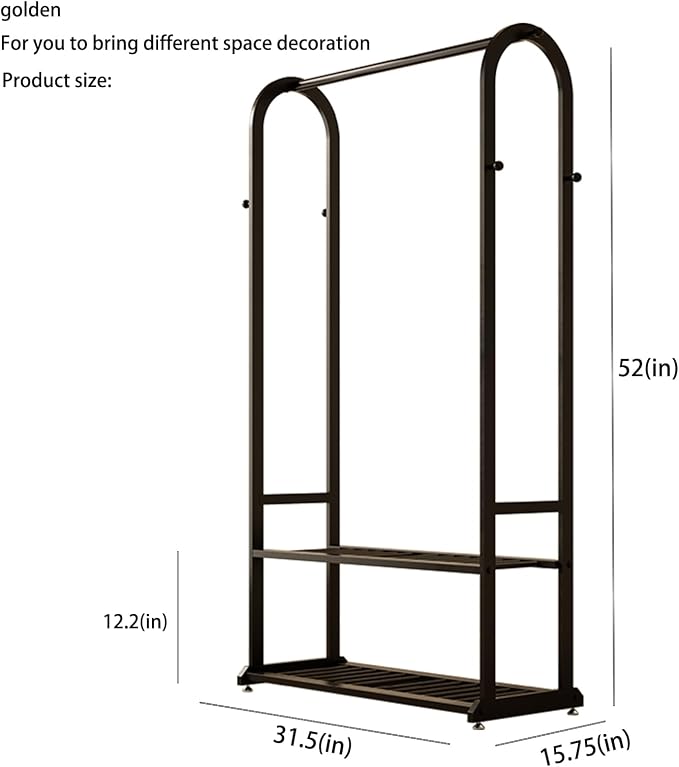 Sturdy metal clothes rack,Black freestanding clothing rack with bottom shelves and 6 side hooks,garment rack for hanging clothes,Wardrobe rack for Bedroom or cloakrooms