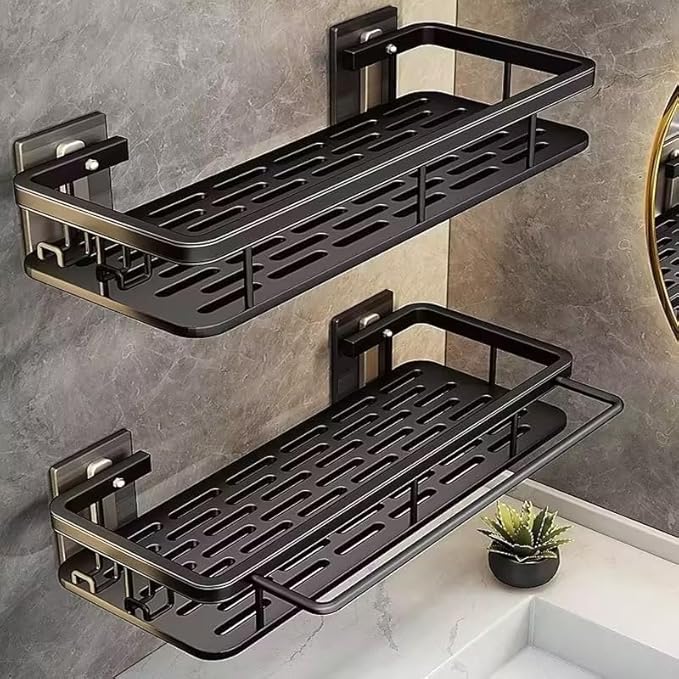 EVALAND Self Adhesive Shower Caddy Organizer 2-Pack No-Drill Storage | Hooks and Rod for Towels, Shower Shelves for Inside Shower, Bathtub Shelf, Rustproof, Rack, Easy Installation, Sturdy