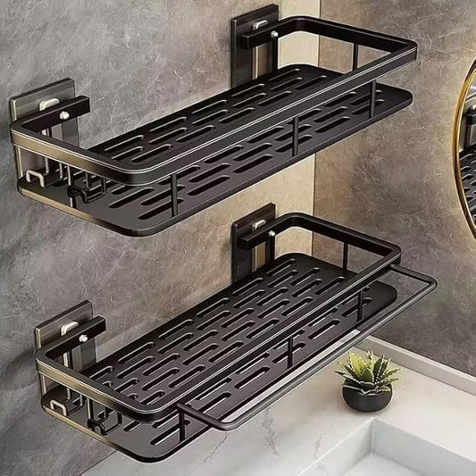 EVALAND Self Adhesive Shower Caddy Organizer 2-Pack No-Drill Storage | Hooks and Rod for Towels, Shower Shelves for Inside Shower, Bathtub Shelf, Rustproof, Rack, Easy Installation, Sturdy