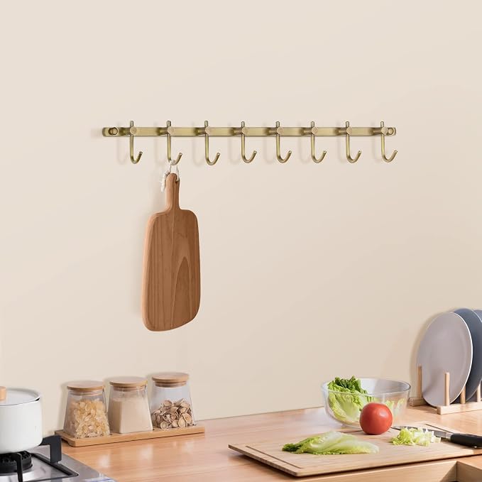 WINCASE Antique Brass Hooks, 8 Hook Coat Rack, Bath Wall Mounted Vintage Brushed Brass Bathroom Row Hooks Rustic Towels Coats Hooks