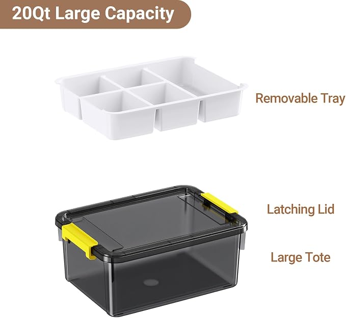 20Qt Stackable Storage Bins with Lids Trays Craft Box Organizers, 1Pack,GY | Clear Plastic Latching Boxes Organizers with Dividers Portable Containers for Arts & Crafts, Home Office Classroom Car Trunk