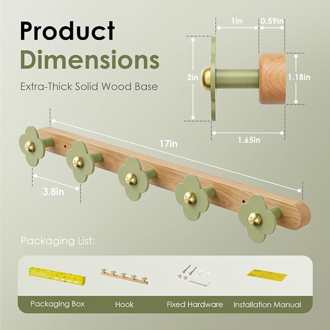 Tindbea Upgreded Heavy Duty Coat Rack Wall Mount for Entryway, Kids' Room | Cheery Wood, Green, 5 Hooks