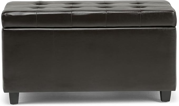 SIMPLIHOME Dover 36" Wide Vegan Leather Storage Ottoman in Distressed Black | Tanners brown, transitional storage ottoman with tufting and lift-up lid; rectangle storage bench for living room.