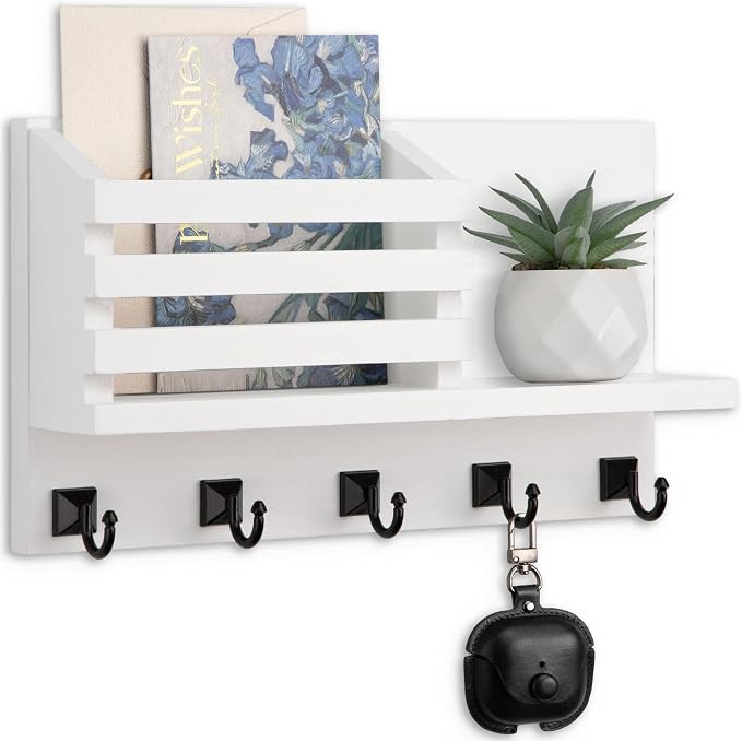 Key Holder Wall Mount, Mail Organizer for Wall with 5 Square Rustic Key Hooks Key Shelf Farmhouse Home Decor for Entryway