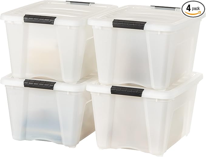 IRIS USA 4-Pack 32 Quart Storage Bins with Lids, Pearl | Conceals contents for a clean look. Great for linens, décor, closet storage, and supplies. Nestable design saves space