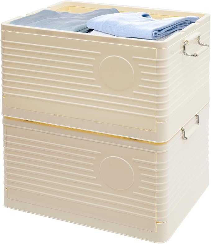 Yykniey Foldable Storage Bins with Wheels, 2 Pack Stackable Collapsible Storage Box Organizer for Closet Bedroom Living Room, Cream White