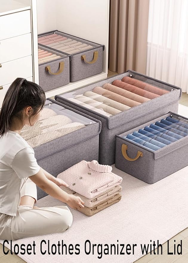 AARAINBOW Closet Clothes Organizer Bins 4 Pc, Fabric Box Storage Shelf Bins Stackable, Foldable Closet Shelf Storage Container with Lid, Fabric Storage Bin with Steel Frame, 23L (4 Gray with Lid)
