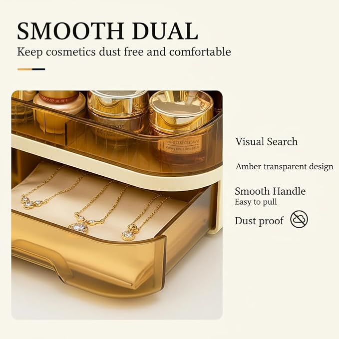 Makeup Organizer Countertop with Dual Drawers, Large Capacity Cosmetic Storage for Vanity Bathroom Skincare, 360° Rotating Makeup Brush Holder