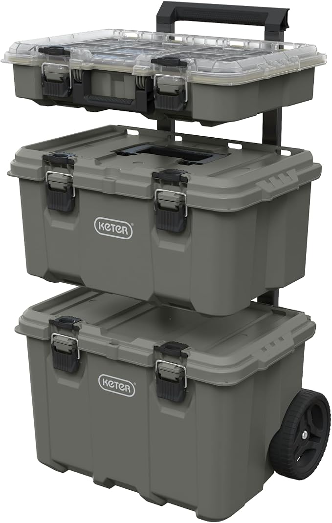 Keter Stack-N-Roll Outdoor Gear Organizer, 3-Piece Rolling Storage System | For Camping, Fishing Tackle, Hunting Equipment & RV Accessories, Modular Waterproof Tool Box with Wheels