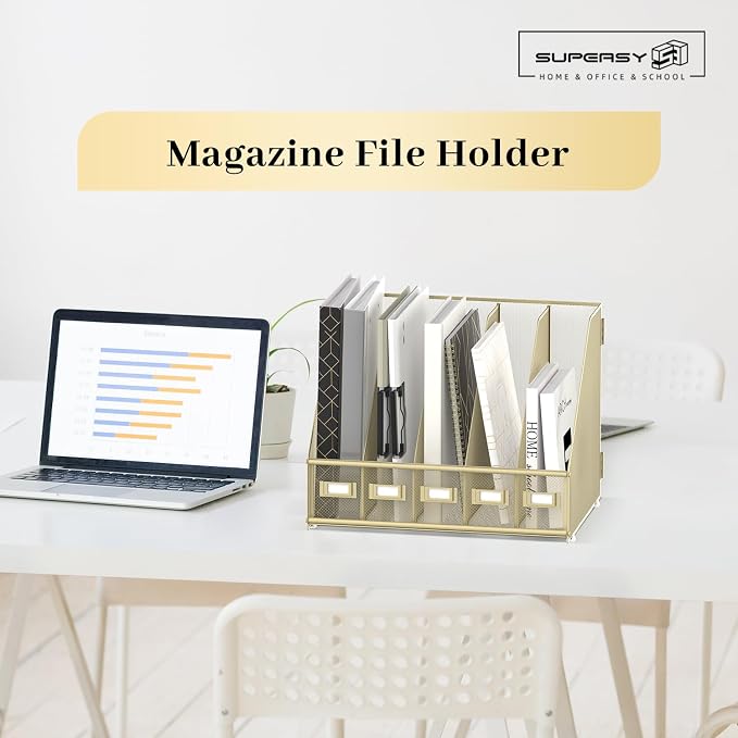 SUPEASY Desk Organizers Metal Desk Magazine File Holder with 5 Vertical Compartments Rack File Organizer for Office Desktop, Classroom, Home Workspace, Golden Yellow