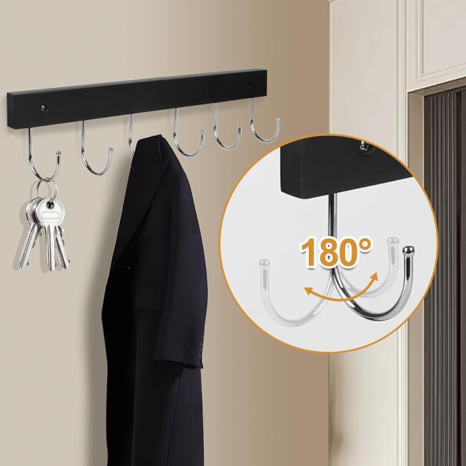 2-Pack Coat Rack Wall Mount, 14.6" Wooden Wall Hooks, 12 Rotating Hooks | Wooden coat rack; for coats, purses, hats, jackets, towels; space-saving entryway, hall & apartment storage, Black