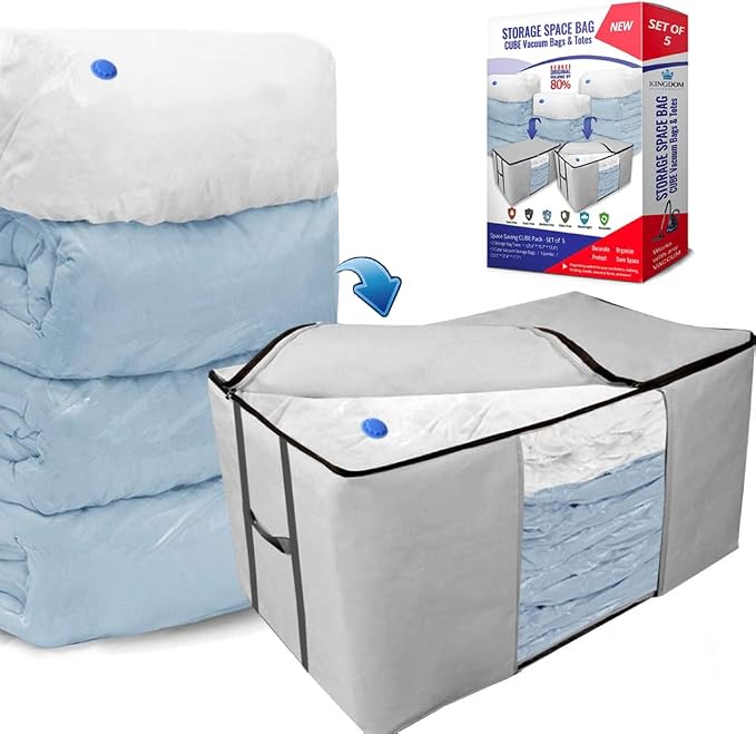 Cube Vacuum Storage Bags, Space Saver Bags, Premium Totes with Cubic Vacuum Compression Seal Bags for Clothing & Bedding. Space Saving Jumbo Organizer for Storing Clothes, Comforters,Blankets,Pillows+