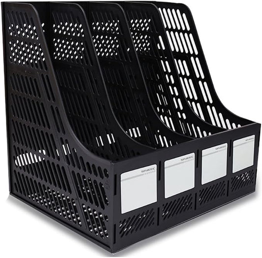 SAYEEC Desktop Magazine Holder Desk File Organizer 4 Compartments Vertical File Dividers Book Holder Frames Document Cabinet Rack Storage Organizer Box for Home Office School Black