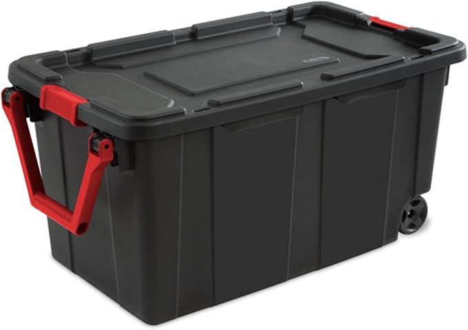 Sterilite Heavy Duty 40 Gallon Wheeled Industrial Storage Tote, 4-Pack, Black | Heavy-Duty and Stackable Utility Box Containers for Home, Office, and Basement Organization, Black