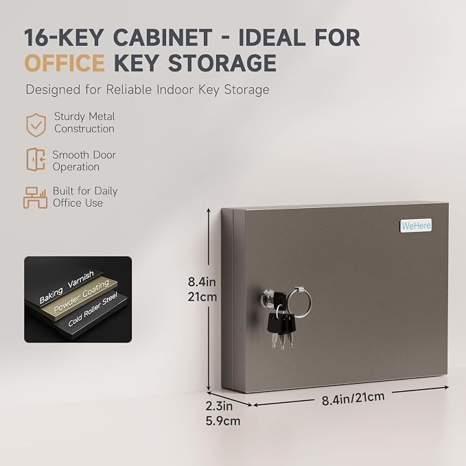 16-Key Key Lock Box, Wall Mount Steel Key Organizer Cabinet with Key Tags | Security Key Holder Lockbox with Key Management App for Small Office, Key Storage for Home, Garage, Fleet & Valet