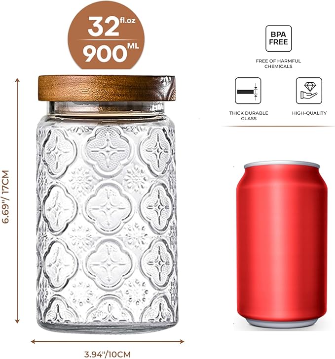 Adodeen Glass Storage Containers With Lids, Glass Jars With Lids, 32OZ | Airtight Glass Food Storage Containers, Kitchen Canisters For Sugar, Coffee, Tea, Spice, Flour, Candy, Pasta, Cereal