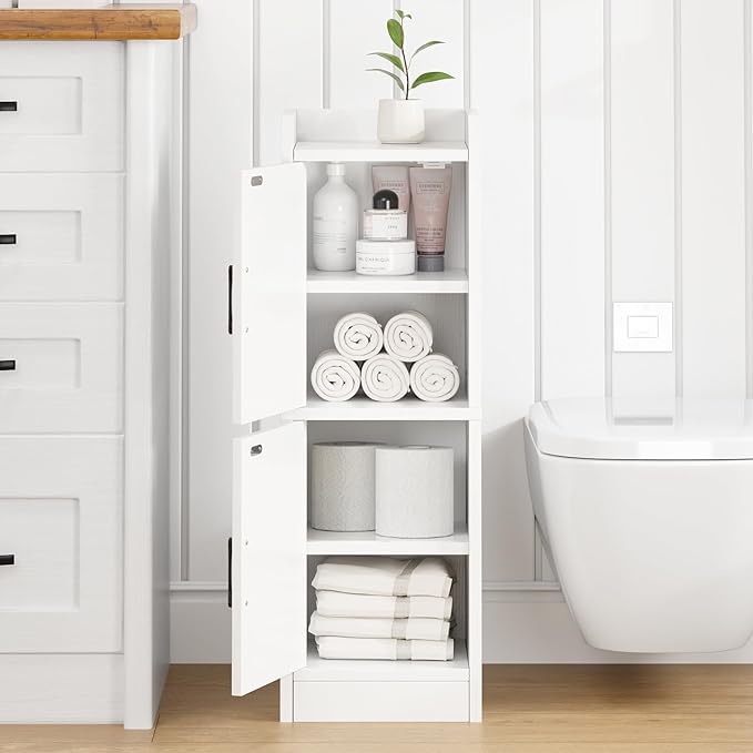 Narrow Bathroom Storage Cabinet with 2 Doors and Shelves, 9.8" W Small Storage Cabinet for Toilet Paper Storage, Slim Cabinet for Small Spaces, Bathroom, Kitchen, 9.8" W × 7.9" D × 29.5" H, White
