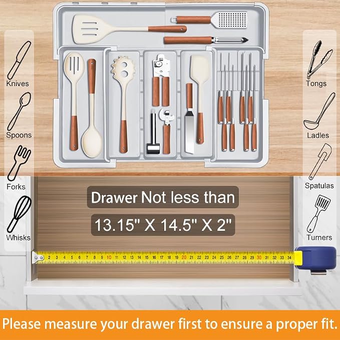 Large Utensil Organizer for Kitchen Drawer, Expandable Silverware Drawer Organizer Cooking Tray, Cutlery and Flatware Utensil Holder Kitchen Spatula Tools Storage with 3 Dividers, Grey