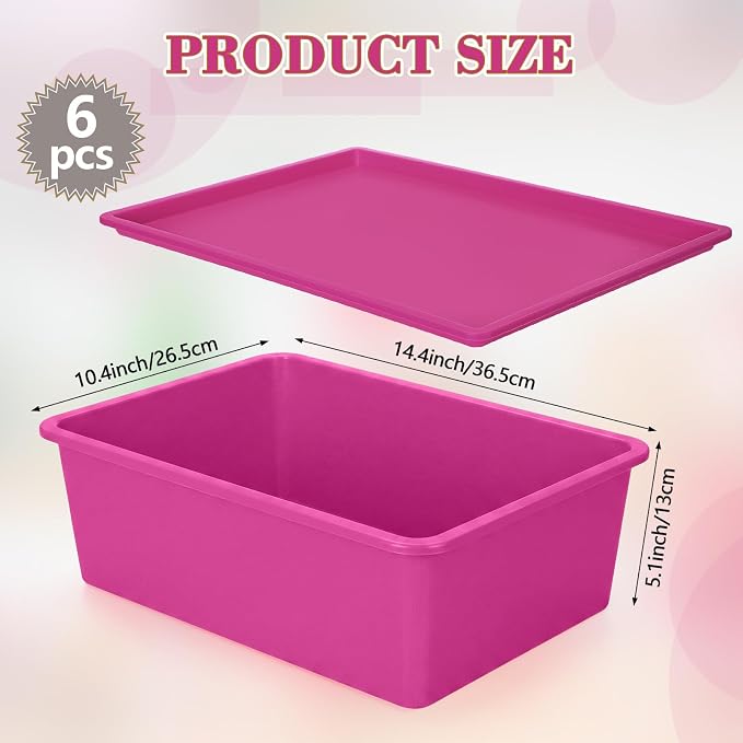 6 Pcs Large Plastic Storage Bins with Lids 14.4 x 10.4 x 5.1 Inch Stackable Storage Containers Decorative Cubby Organizer for Clothes Shelves Garage Closet Office (Pink Series)