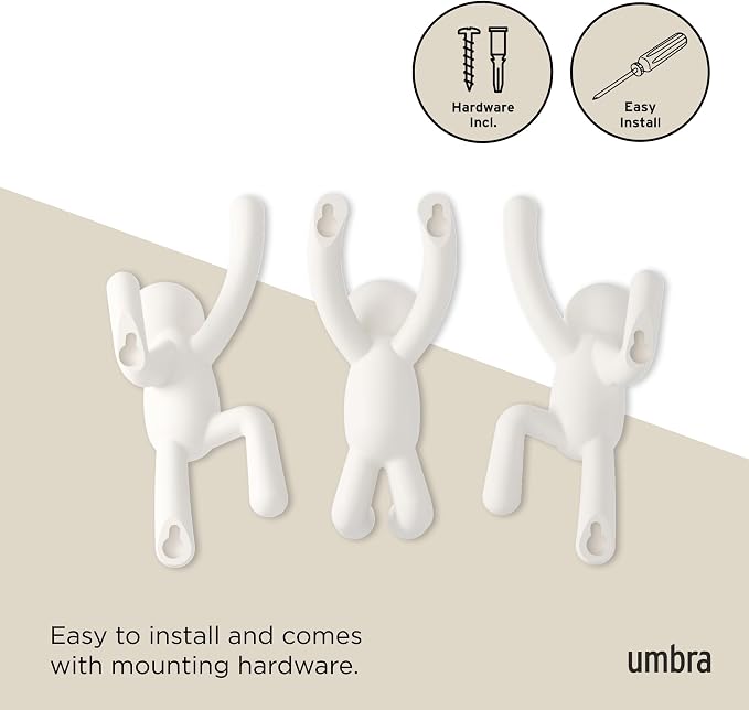 Umbra Buddy Wall Hooks, Decorative Wall Mount Coat Hooks, Set of 3, White | Easy install with hardware, holds 5lbs per hook, entryway bedroom bathroom dorm, playful hanging storage, recycled plastic