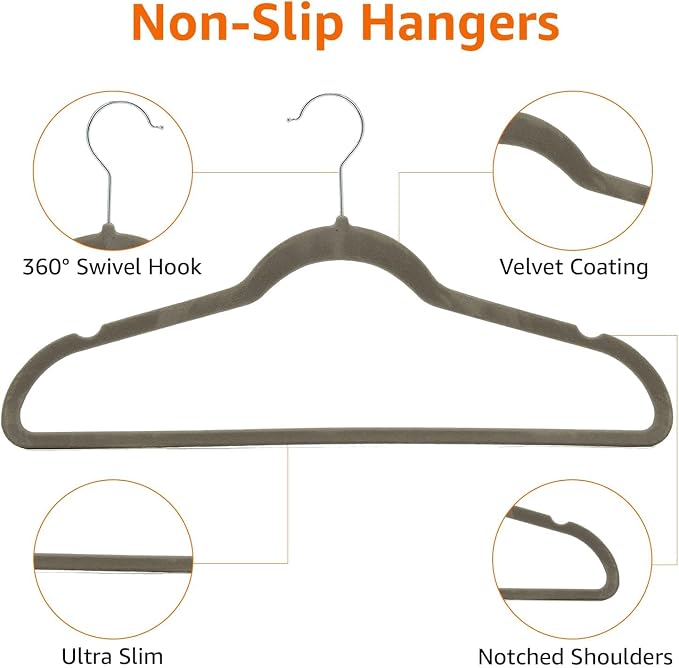 Amazon Basics Slim Velvet Non-Slip Space Saving Suit Clothes Hangers, Closet Organizer, Gray/Silver, 50-Pack