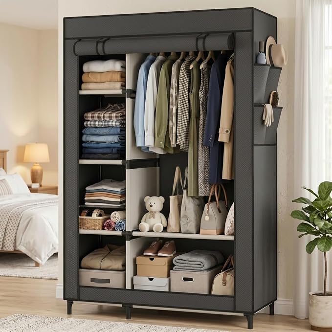 Calmootey Portable Closet Organizer, Space-Saving Storage System for Home | Sturdy Rod for Coats, 6 Shelves for Folded Clothes, 4 Side Pockets for Small Items, Non-Woven Dustproof Cover, Black