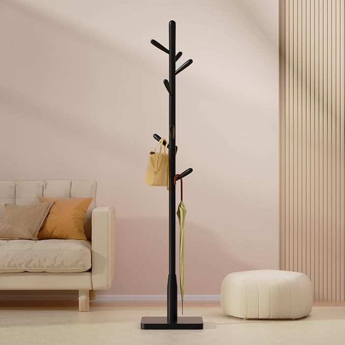 Solid Wood Square Base Coat Rack, Free Standing Hall Coat Tree with 8 Hooks（+2 spare for Coats, Hats, Bags, Purses, for Entryway, Hallway, Rubberwood Hooks,Base and Pole,(Square Base, Black)