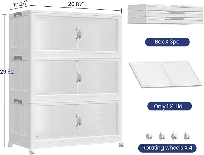 180QT Extra Large Stackable Storage Bins with Lid, 45Gal Plastic Closet Organizers and Storage Drawer, Collapsible Cabinet Box with Wheels Clear Doors for Home Kitchen Garage, 3Pack White