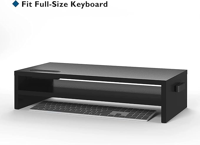 BONTEC Wood Monitor Stand Riser, 2-Tier Desktop Organizer | Ergonomic Computer Stand for Desk, Cable Management, Cellphone Holder, 21.3 Inch Shelf, Black