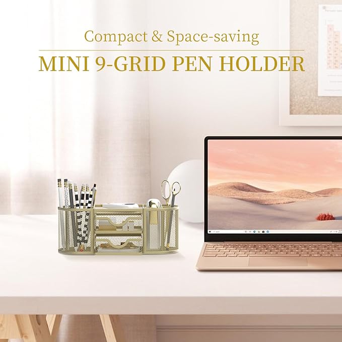 Mesh Desk Organizer, Desk Organizers and Accessories, Pen Holder with Drawers, Pencil Holder for Desk with 2 Drawer for Office Supplies, Golden yellow