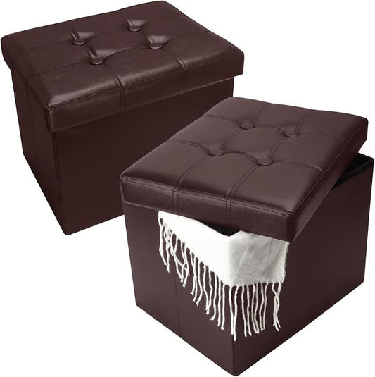 Bsketa 2PC Storage Ottoman, Folding Foot Stool with Thicker Foam Padded Seat Small Leather Storage Ottoman Bench Foot Rest for Living Room Foldable Coffee Table 17x13x13in,Brown | Ottoman with Storage, Thicker Foam Padded Seat, Living Room, Dorm, Bedro...